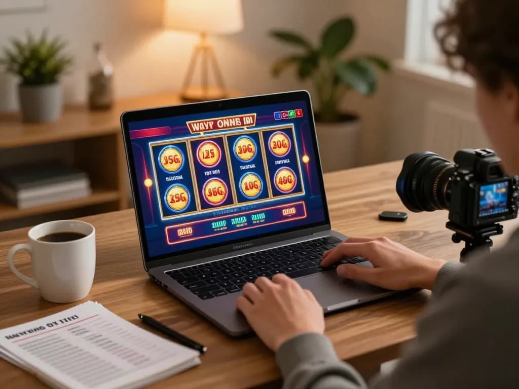 Person playing RR88 online casino game, displaying vibrant gaming graphics on laptop.