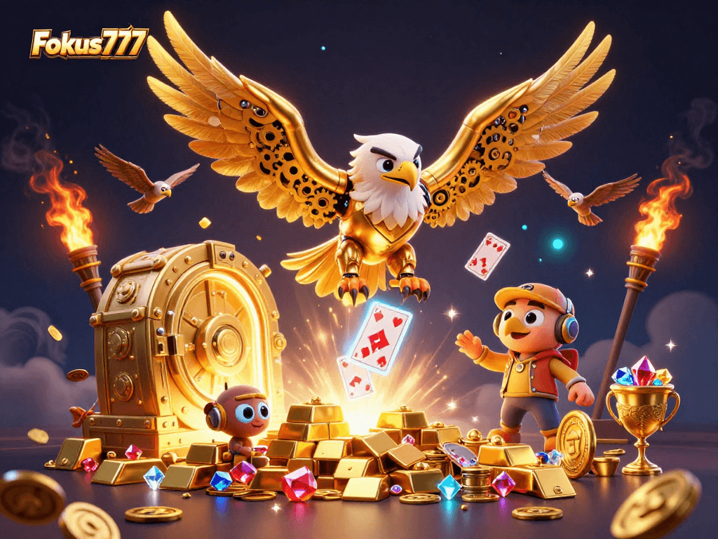 Experience the excitement of Fokus777 as a cybernetic eagle dives through holographic playing cards.