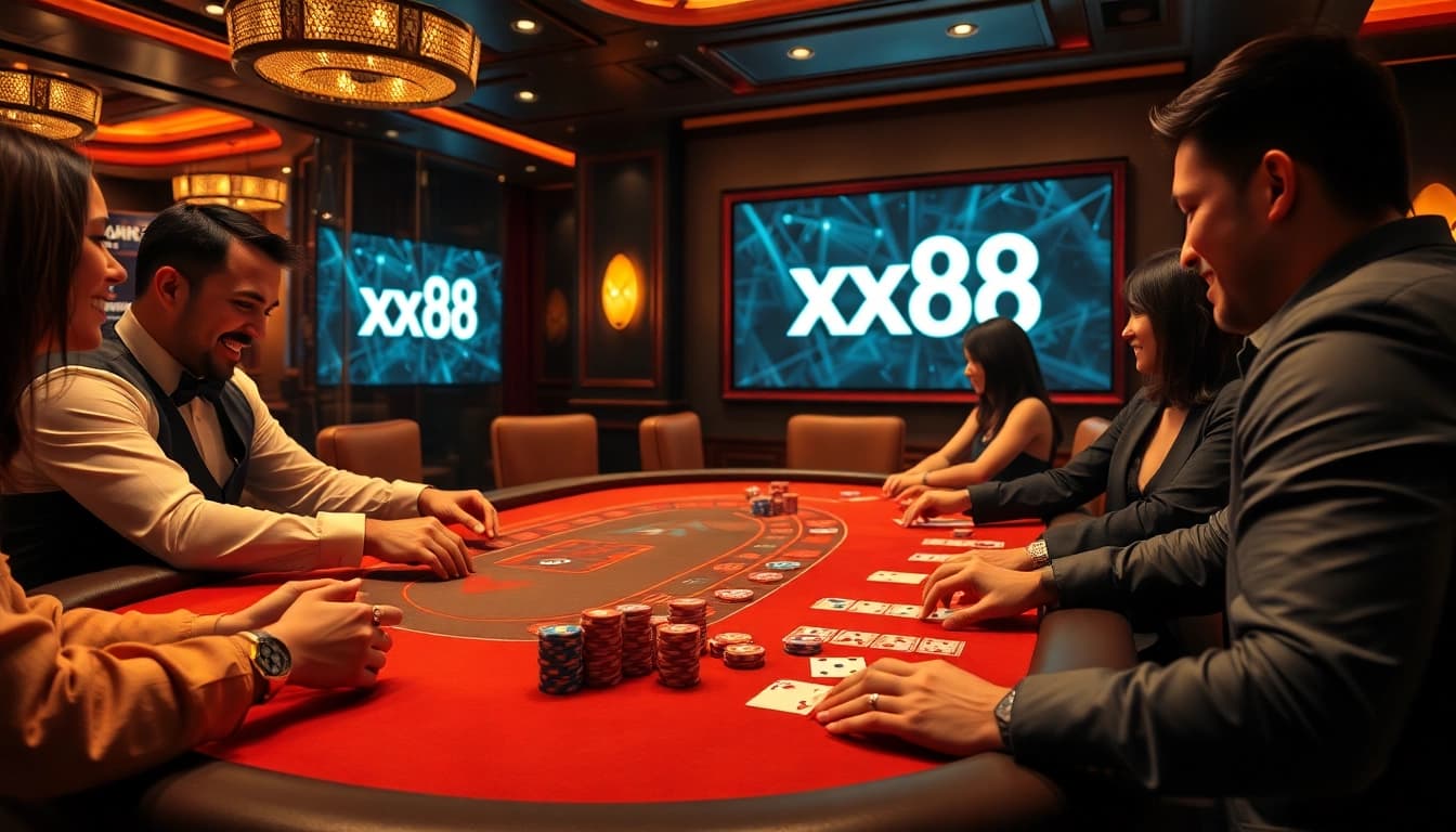 Players experiencing the thrill of gambling at the xx88 casino, with vibrant chips and cards.