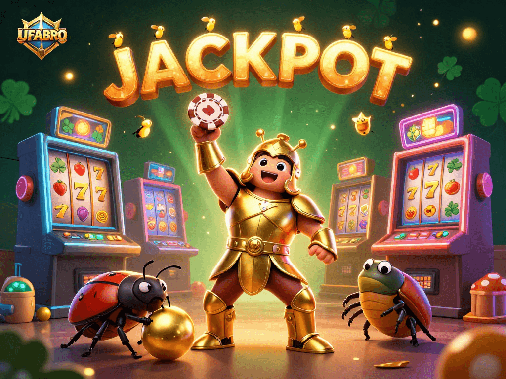 Join UFABRO and experience exciting slots with vibrant jackpots in a vibrant 3D casino illustration.