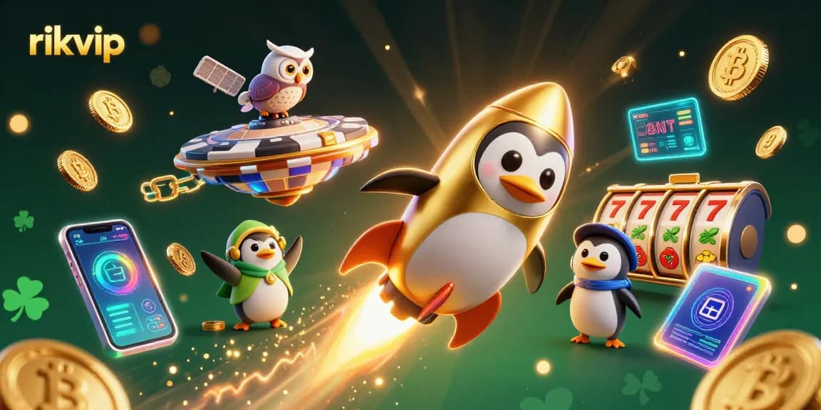 Play exciting games at rikvip with a rocket-powered penguin and vibrant casino elements.