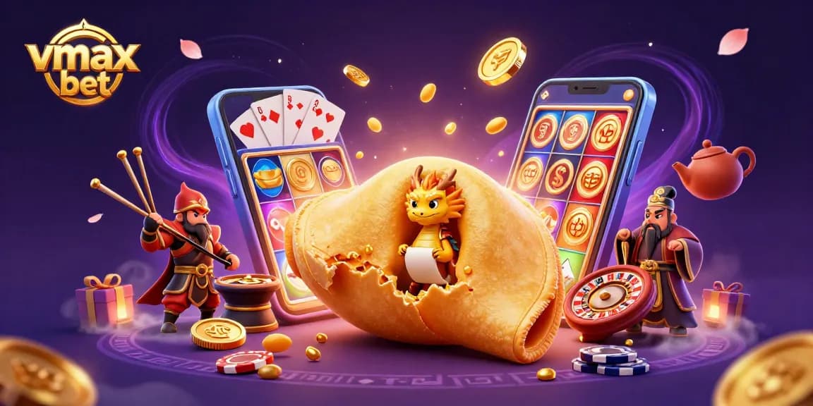 Engage with vmax bet in a dynamic 3D casino illustration featuring fortune cookie and a tiny dragon.