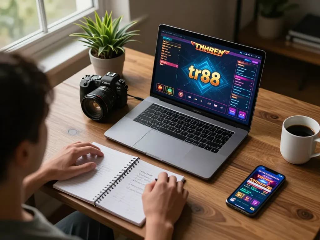 Engaged player enjoying a tr88 game on their laptop with strategic notes beside them