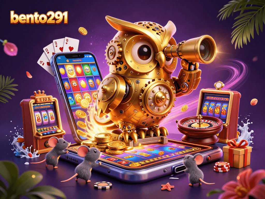 Engage in thrilling casino action with bento291 featuring a clockwork owl overseeing vibrant slot games.