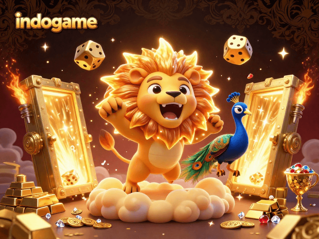 Experience the thrill of indogame with a vibrant 3D illustration showcasing golden treasures and a roaring lion amidst casino elements.