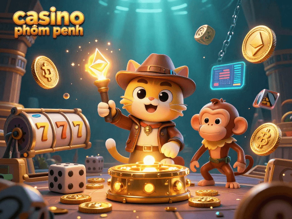 Experience vibrant gaming at casino phnom penh with an explorer cat and monkey discovering treasures.