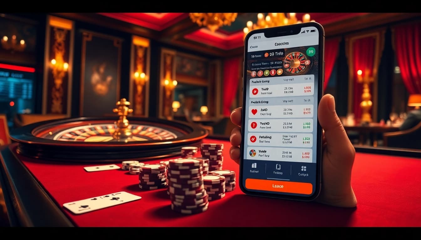 S8 app displayed on a mobile device in an elegant casino, showcasing thrilling gameplay and vibrant casino atmosphere.
