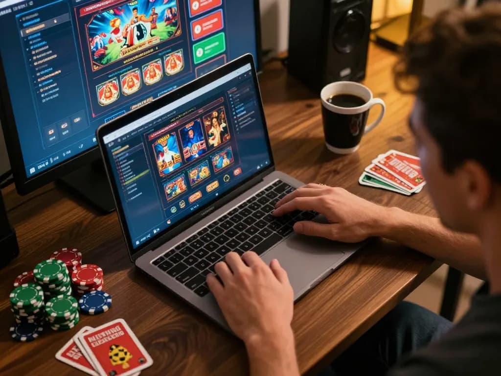 Person gaming on 92slot trang chủ laptop, showcasing engaging online casino experience