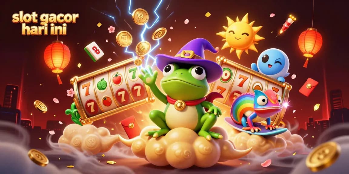 Experience the excitement of slot gacor hari ini with golden coins raining from a wizard frog amidst vibrant casino visuals.