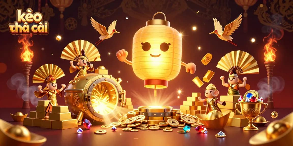 Experience the thrill of kèo nhà cái with a vibrant 3D casino scene filled with glowing treasures and lucky symbols.