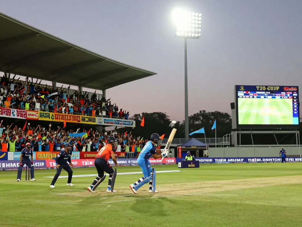 Crickex app login featured at a vibrant ICC T20 World Cup match with excited fans and players.