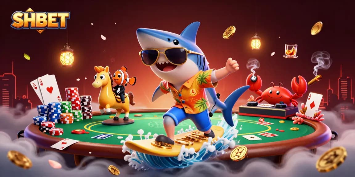 Experience thrilling games with SHBET: A shark surfing gold coins amidst poker tables and dazzling casino action.