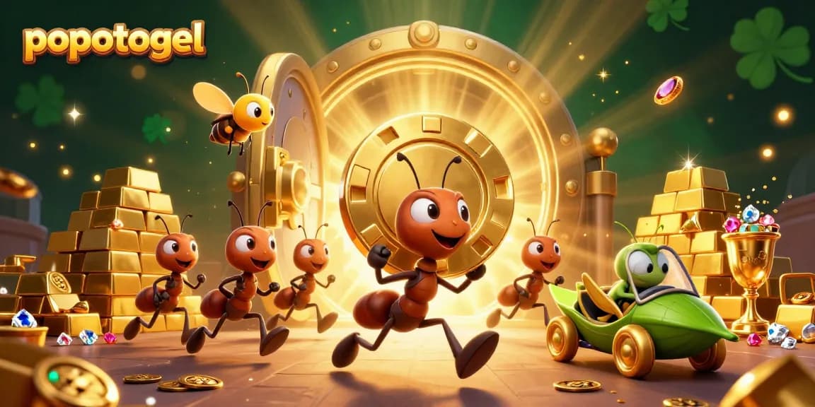 Experience the thrill at popotogel with a dynamic scene of 3D cartoon ants heisting a giant poker chip.