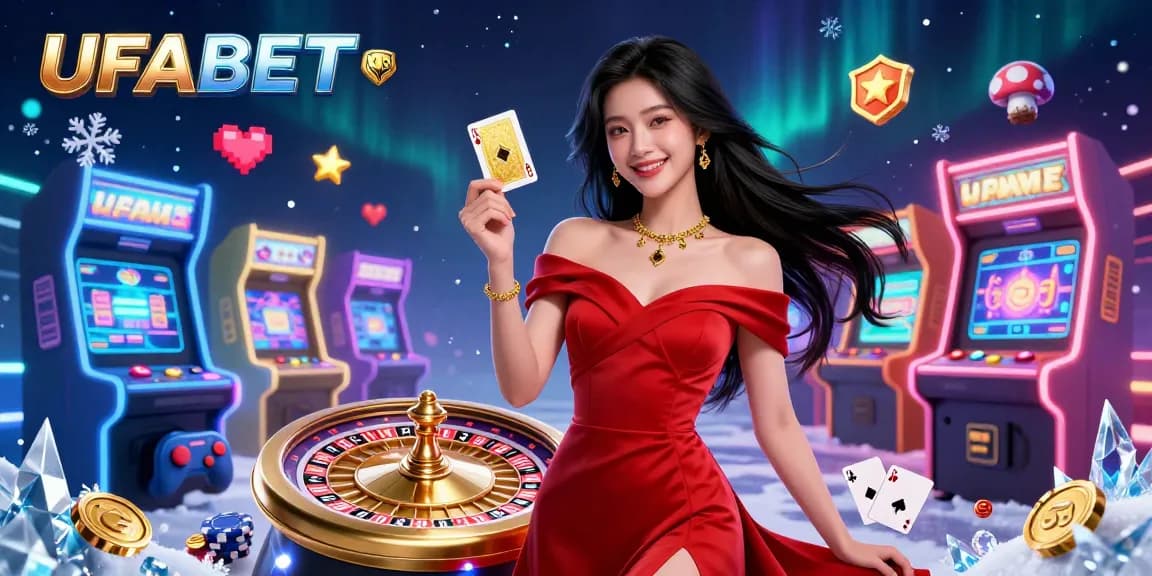 Feel the excitement at UFABET as a stunning Asian dealer engages players with her golden card beside a dynamic roulette wheel.