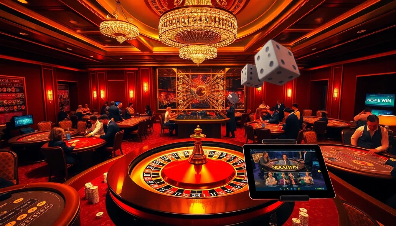 Exciting players enjoying a luxurious casino experience at nekatwinofficial.com with roulette and poker tables.