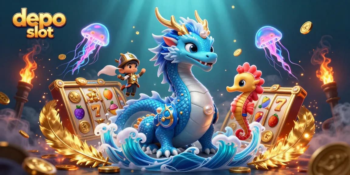 Engage with captivating depo slot gameplay as the azure water dragon and seahorse knight explore vibrant casino riches.