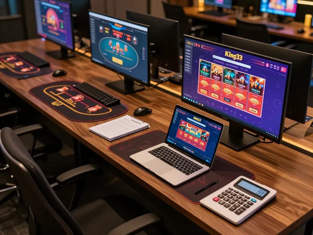 Engaged player using King33 interface on multiple screens for strategic online gambling.