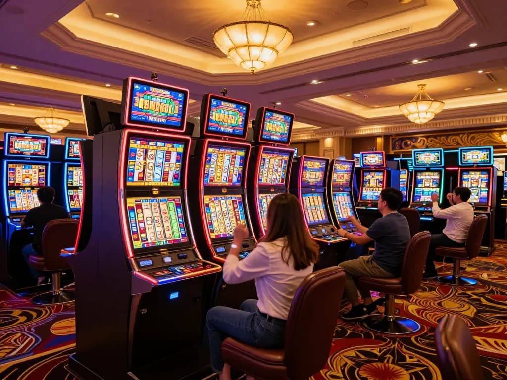 Players enjoying vibrant slot games at AZTEC888 casino, celebrating wins with excitement.