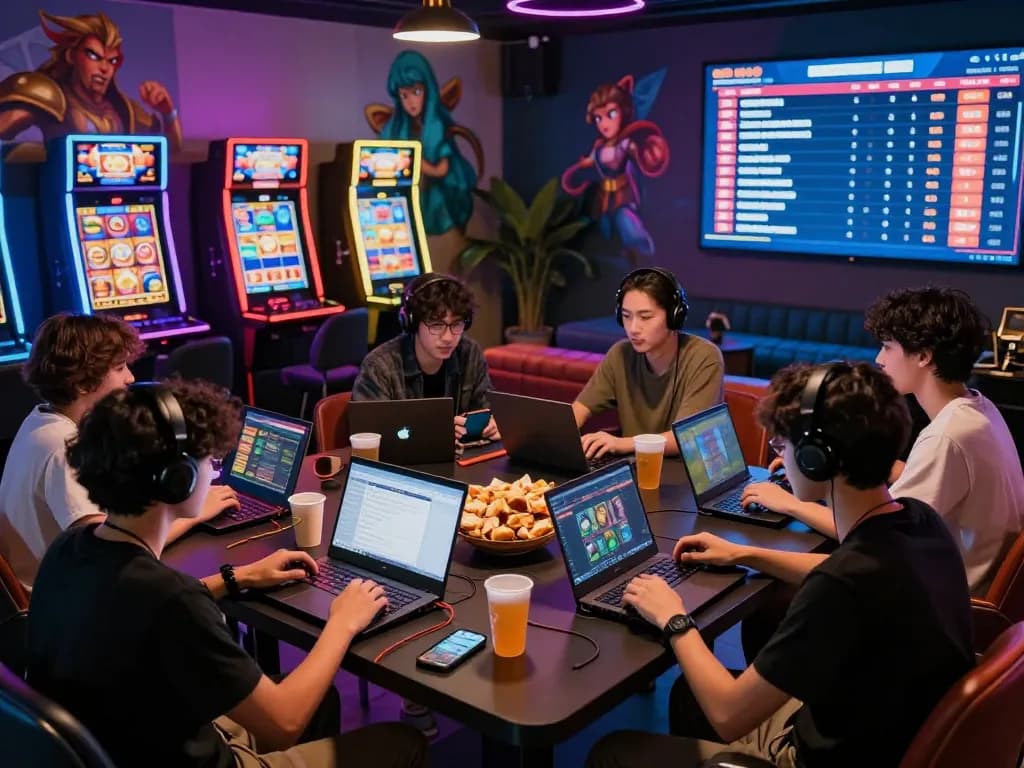 Teman-teman menikmati permainan di platform situs slot, lampu LED yang cerah meningkatkan atmosfer permainan.