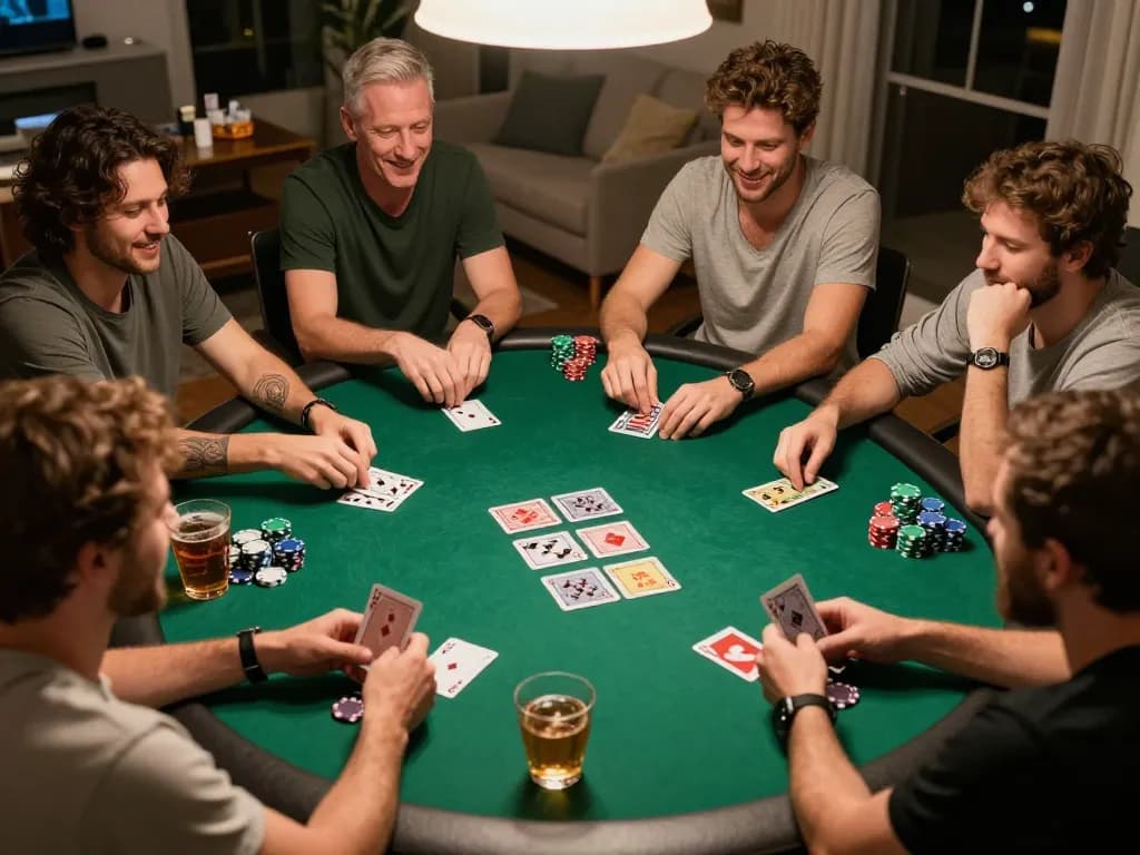 Engaging home poker night with friends playing Texas Hold'em, showcasing strategic gameplay at 888newcasino