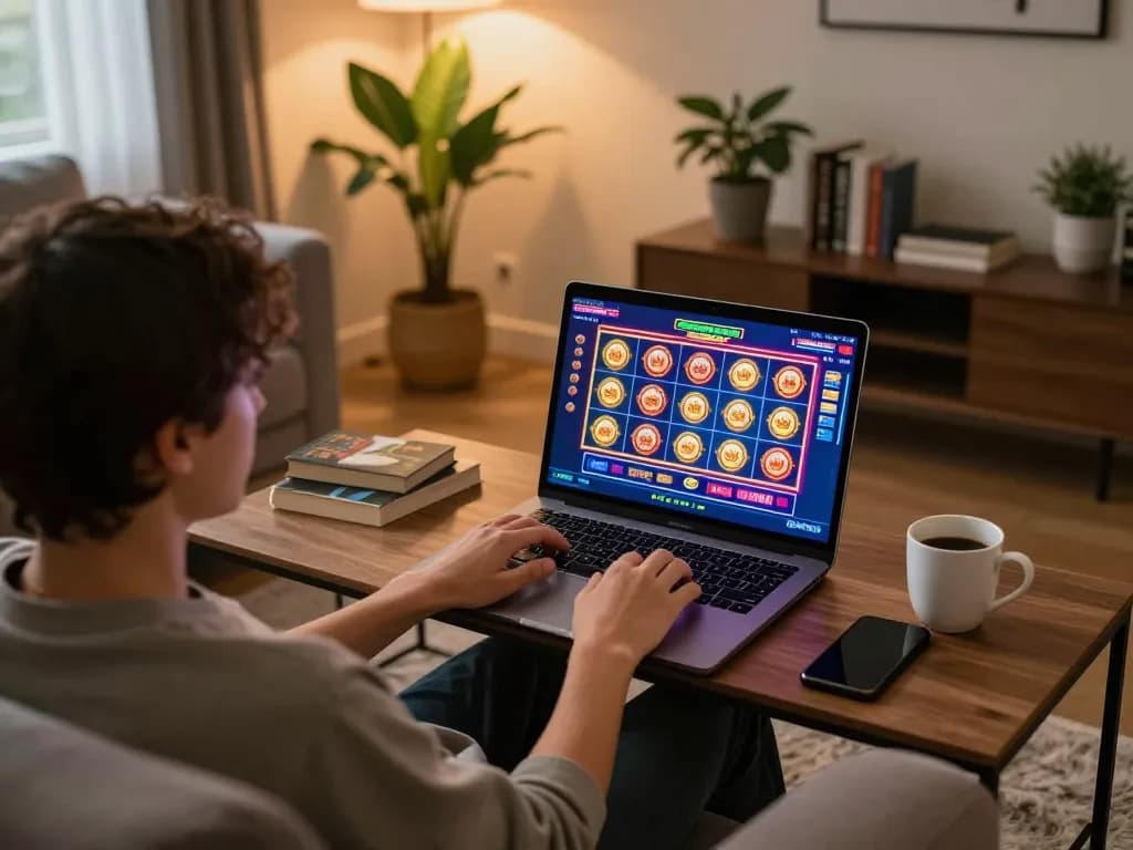 Engaging with online casinos in Canada through a laptop in a cozy living room