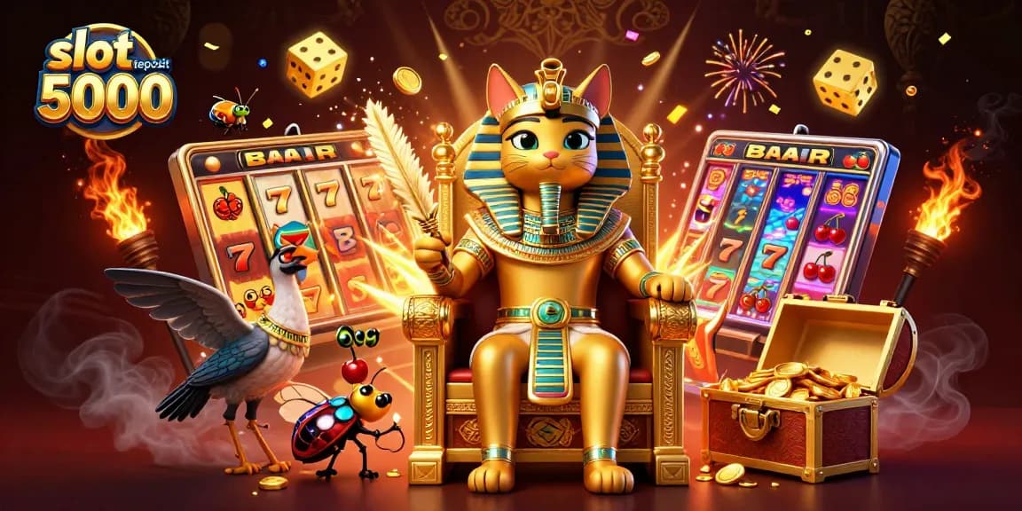Menangkan slot deposit 5000 dengan ilustrasi mesin slot penuh warna yang melimpah harta.