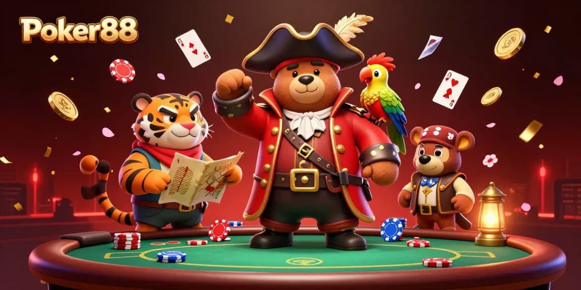 Experience thrilling poker action with Poker88 featuring a pirate bear, tiger first mate, and dynamic casino elements.