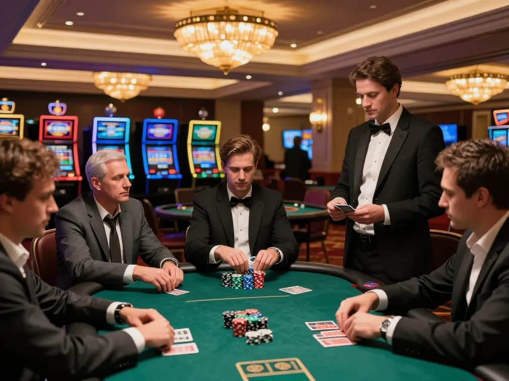8xbet players strategizing in a high-stakes poker game, showcasing an upscale casino atmosphere.