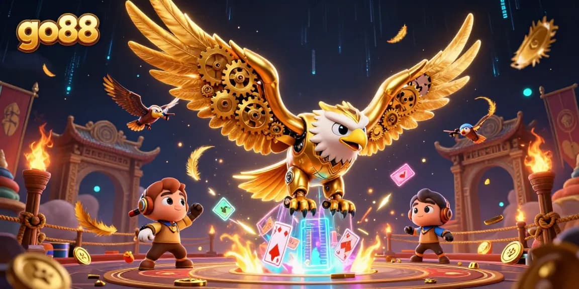 Experience the thrill of go88 as a cybernetic eagle dives through a cascade of playing cards in this vibrant 3D illustration.