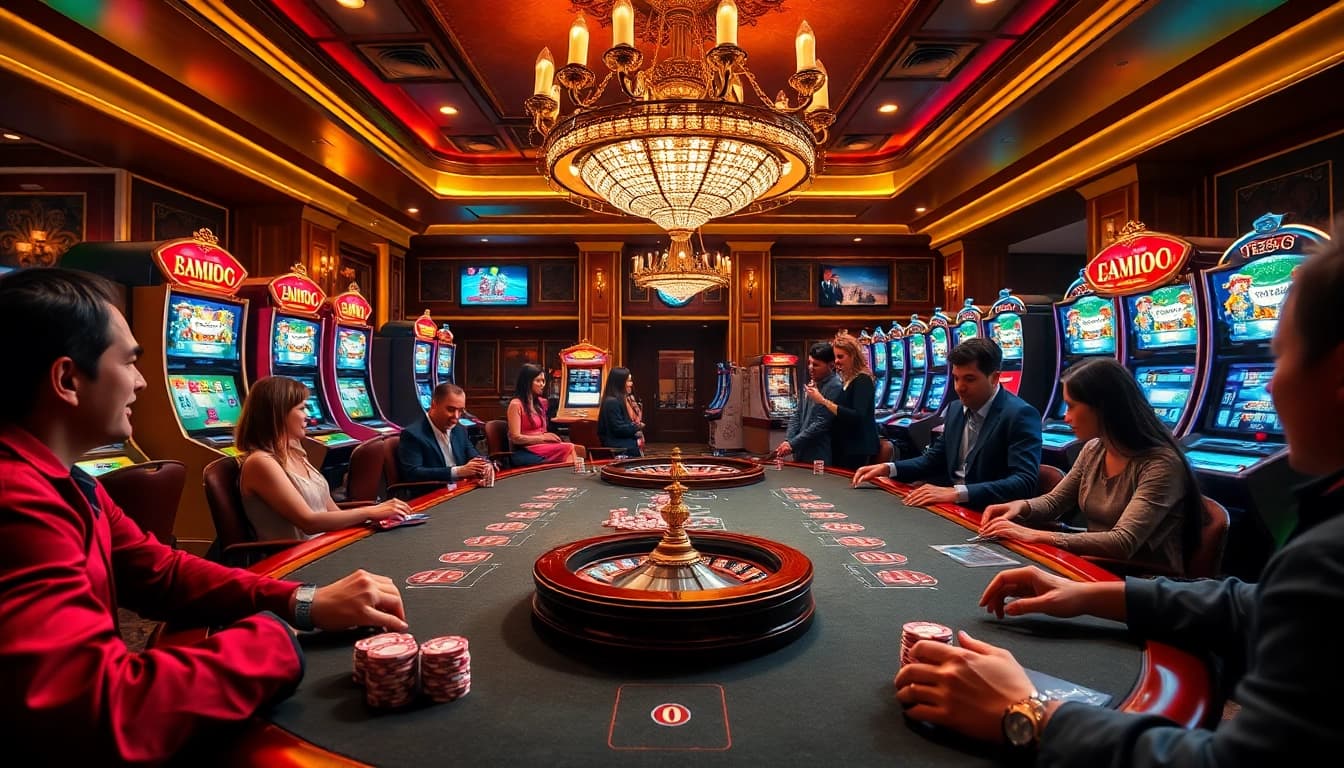 Experience dewaslot gaming with vibrant casino tables and excited players enjoying slot machines.