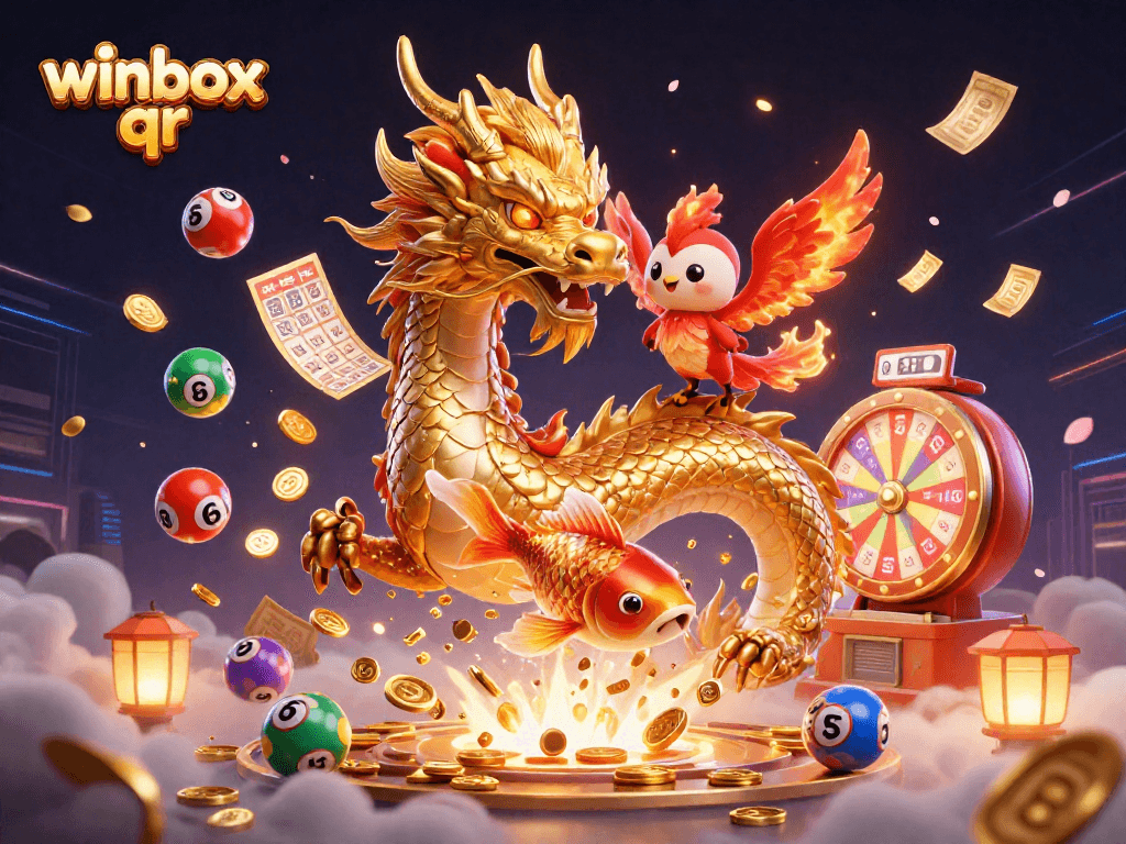 Winbox QR launches a thrilling scene with a golden dragon, phoenix, and koi fish among vibrant casino elements.