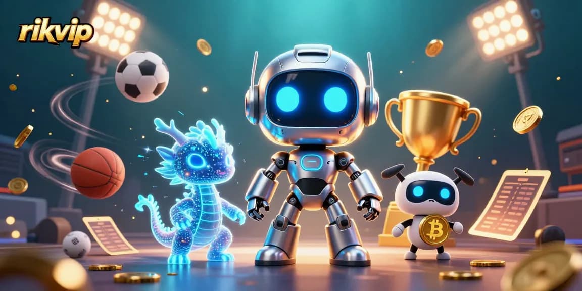 Engage with rikvip's vibrant game elements and characters in this thrilling futuristic casino scene.