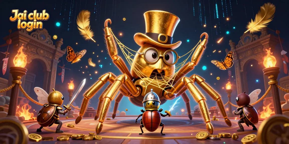 Engage with the thrilling Jai club login scene featuring a golden tarantula and beetle knight amidst casino elements.