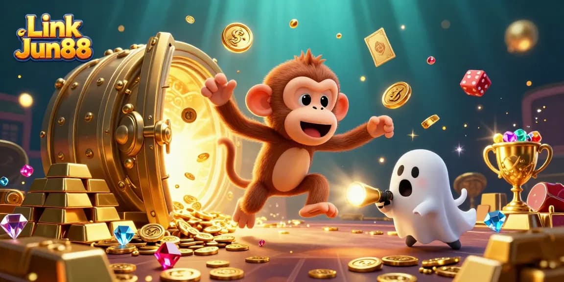 Experience the thrill of Link Jun88 with a vibrant casino scene highlighted by mischievous characters and golden treasures.