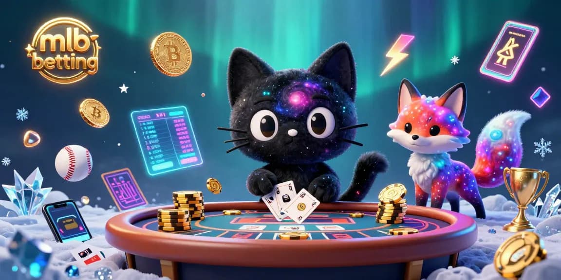 Engage in MLB betting with a cosmic 3D scene showcasing a black hole cat and colorful elements.