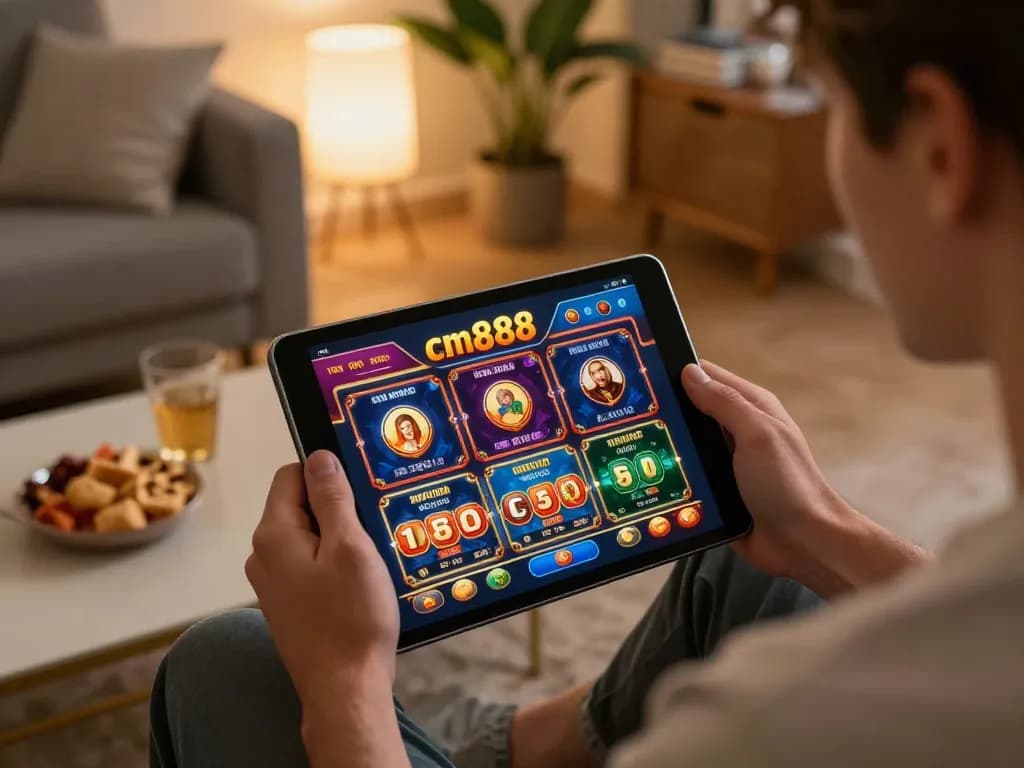 Engaging with cm8888 casino app, a player actively strategizing in a cozy living room.