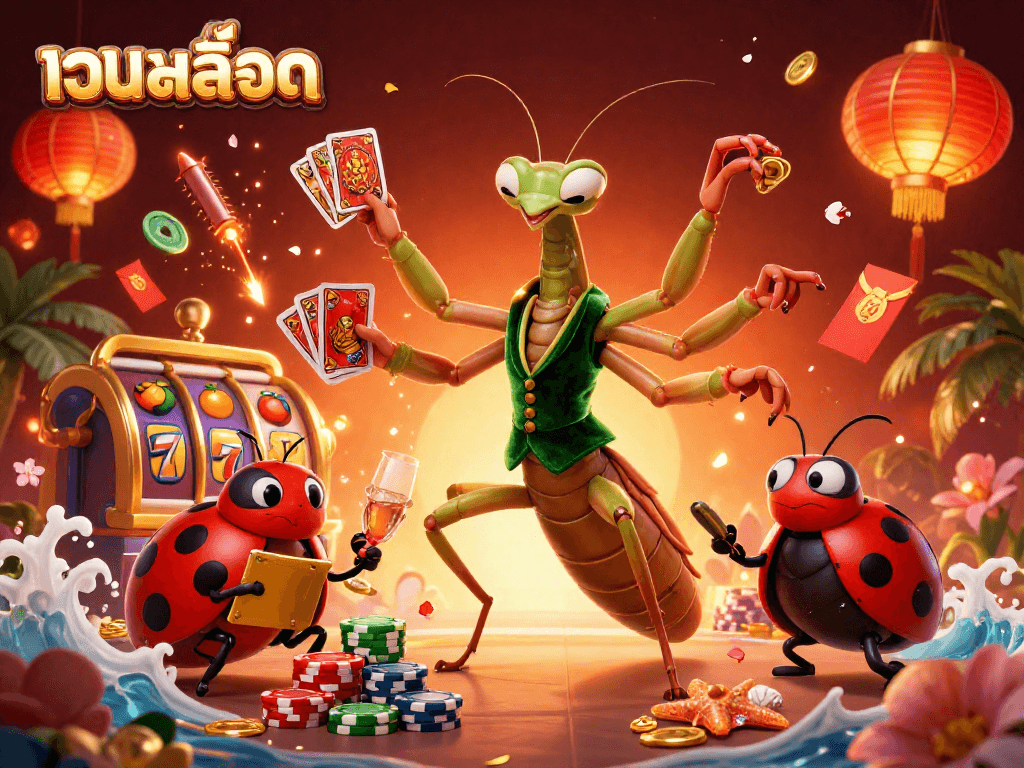 Experience เว็บสล็อต excitement with vibrant characters, slot reels, and festive elements in a lively casino scene.