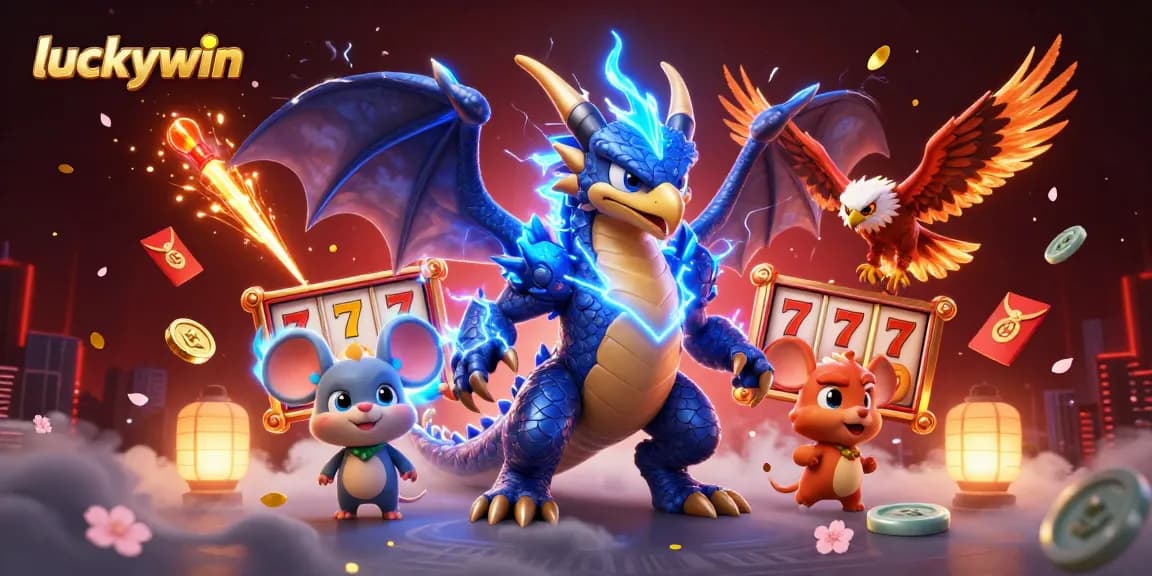 Engage with the thrilling world of luckywin through dynamic illustrations of online casino excitement and winning symbols.