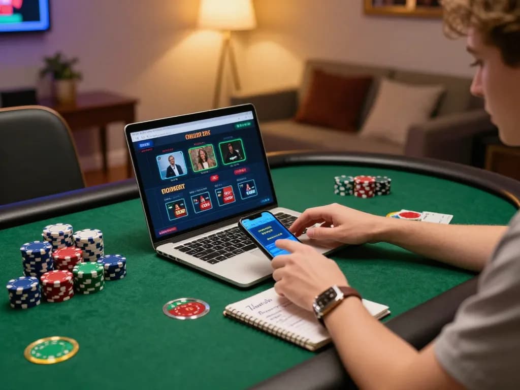 The kkwin player immerses in an online casino game using a laptop and smartphone, surrounded by strategic notes and poker chips.
