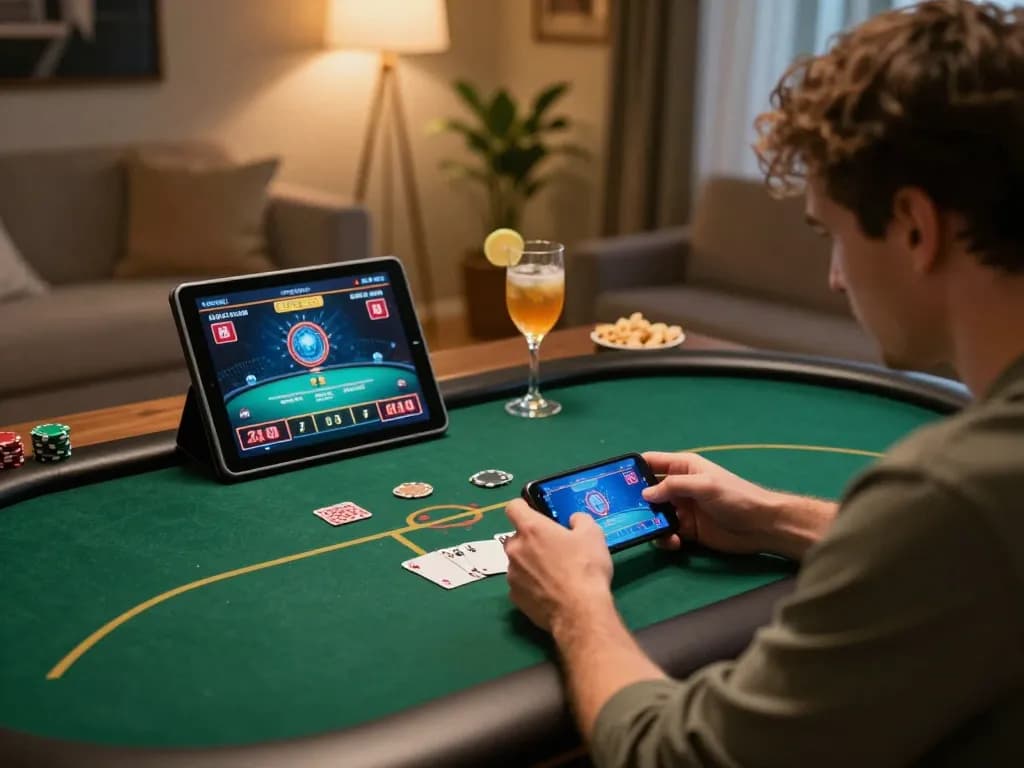 Engaging in online poker through ทางเข้า m121, player enjoys strategic gameplay in a cozy home setting with a tablet and snacks