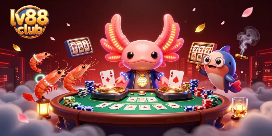 Experience the vibrant lv88 club with a neon axolotl DJ, poker tables, and lively casino elements.