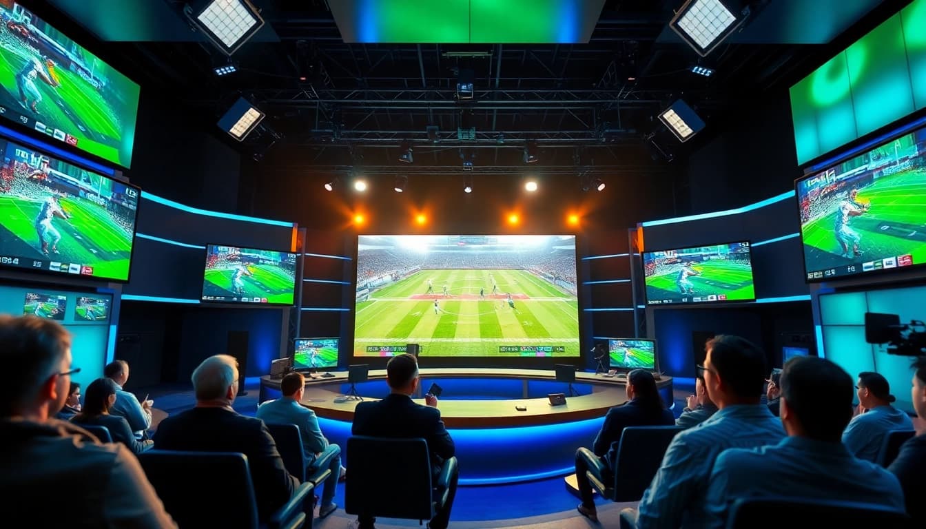 Engaging sports broadcasting studio scene showcasing a host and live games.