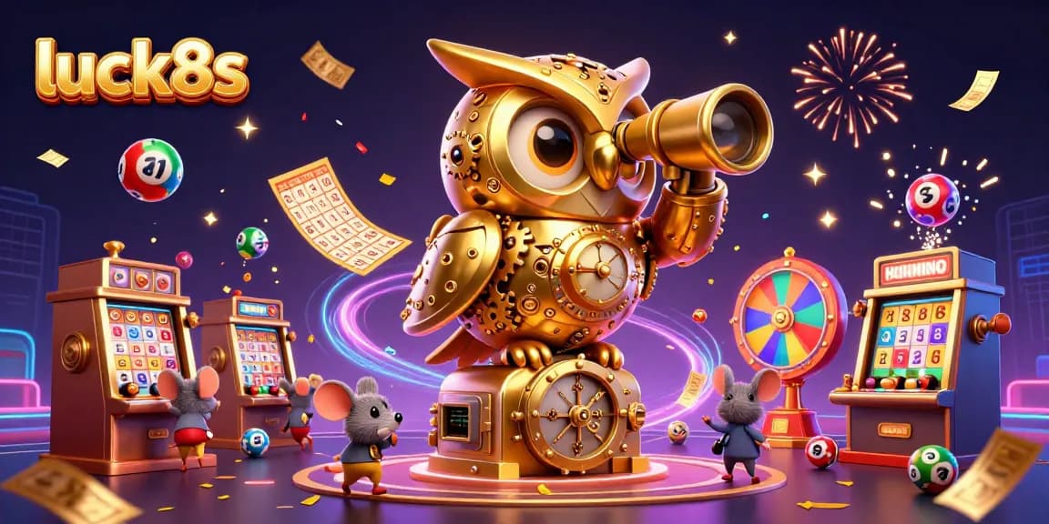 Experience the excitement of luck8s as golden owl scans a vibrant casino scene filled with lottery elements.