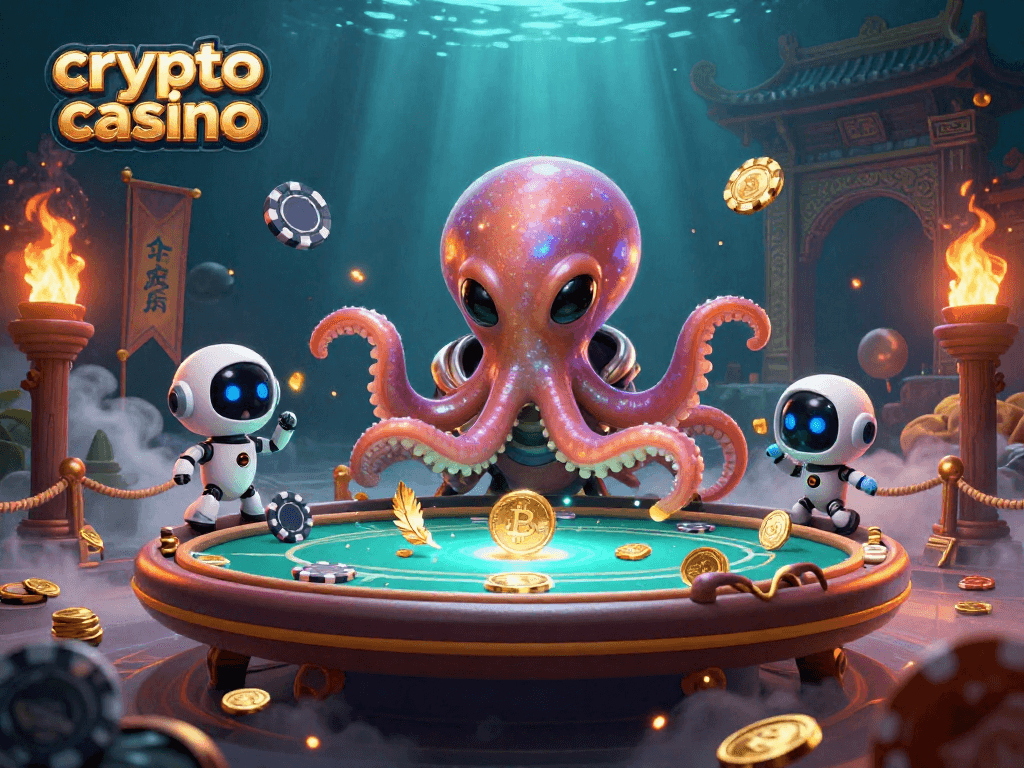 Engaging illustration of a crypto casino scene with an octopus playing poker and orbiting coins.