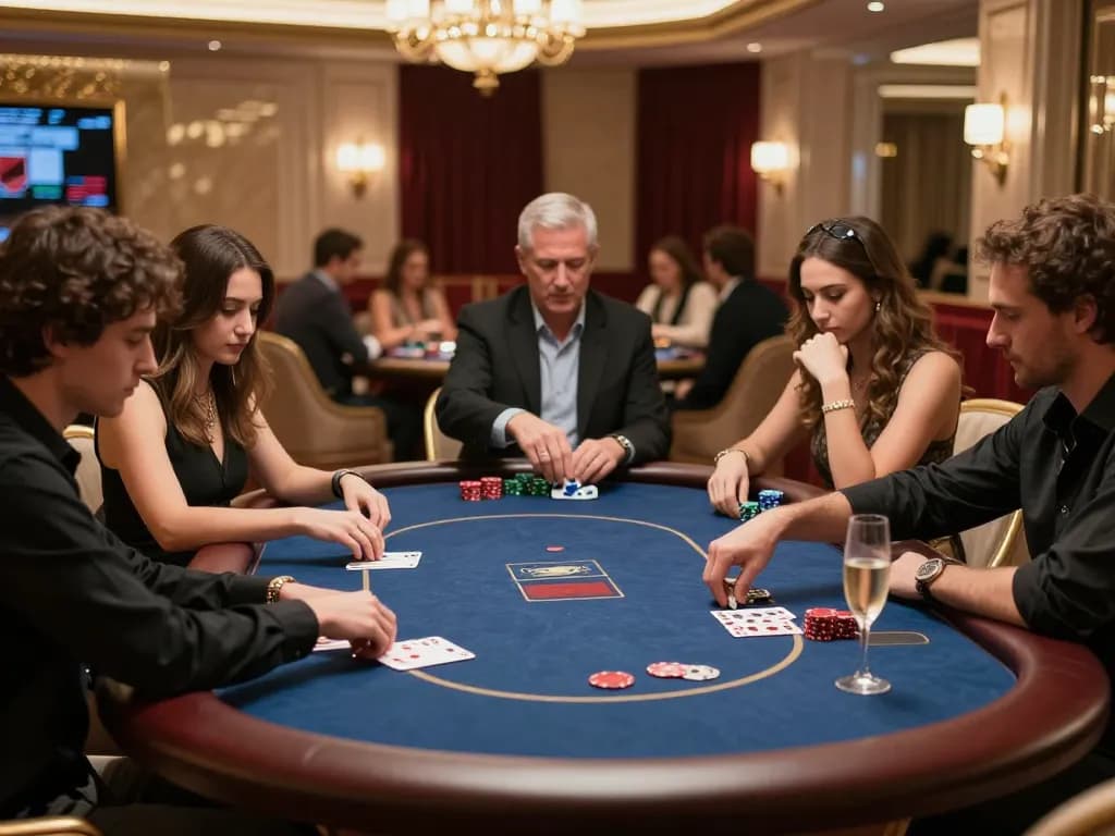 TG88 players strategizing in an elegant poker game at a luxurious casino