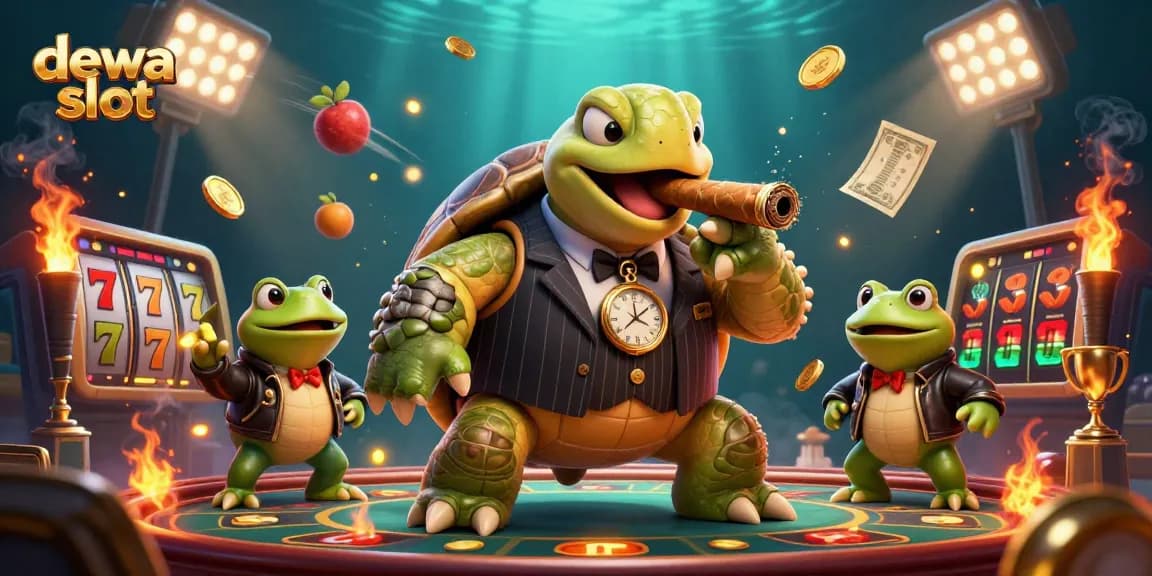 Spin to win at dewa slot with a turtle in a mobster suit surrounded by dynamic casino elements