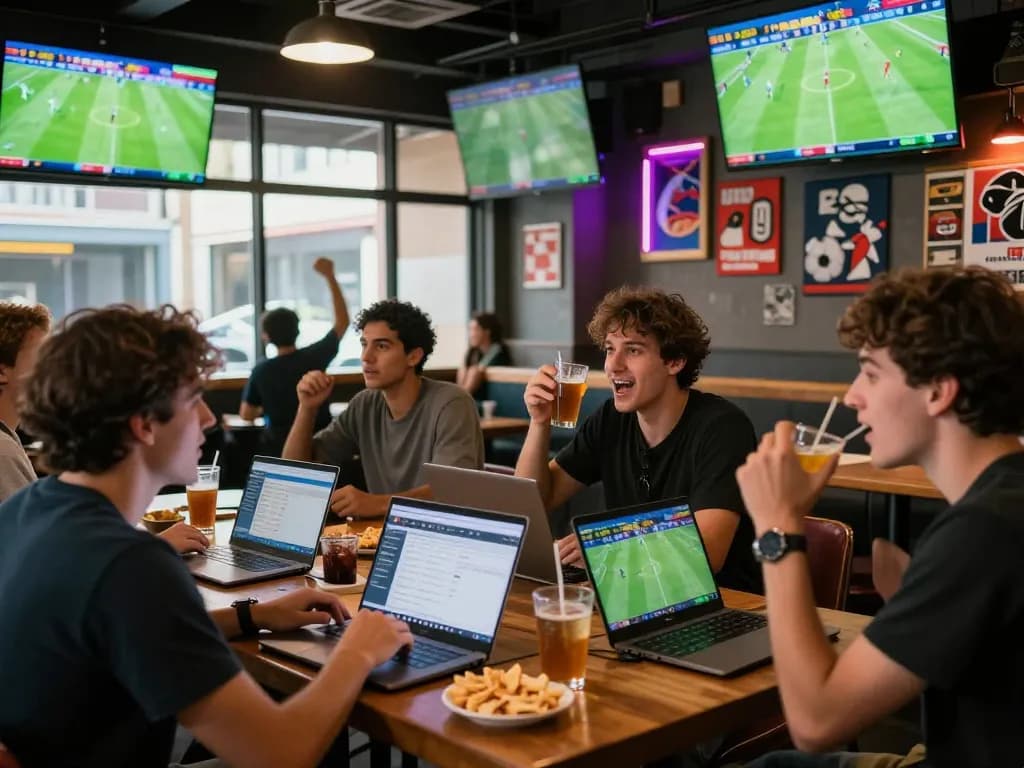 Friends passionately engaged in judi bola at a lively sports bar with multiple screens.