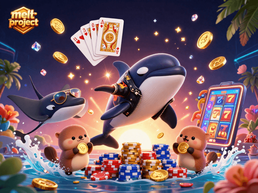 Experience exciting gaming at melt-project with an orca biker, lucky otters, and vibrant casino elements.