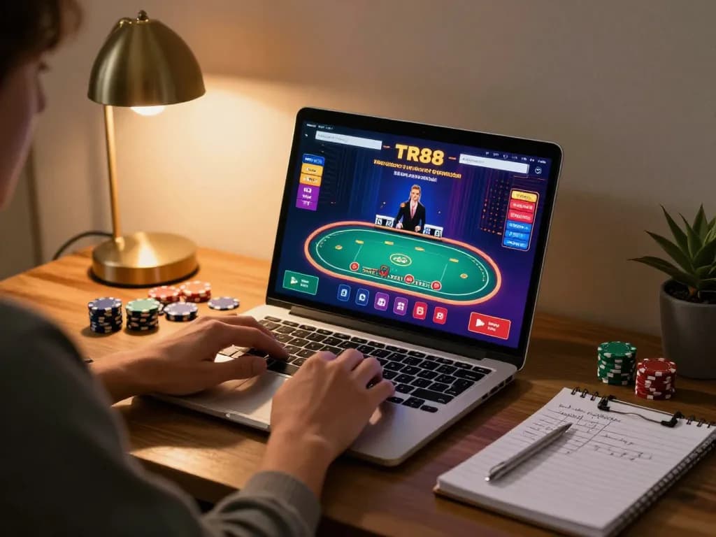 Engaging gameplay on TR88 platform with a player strategizing online poker while using a laptop