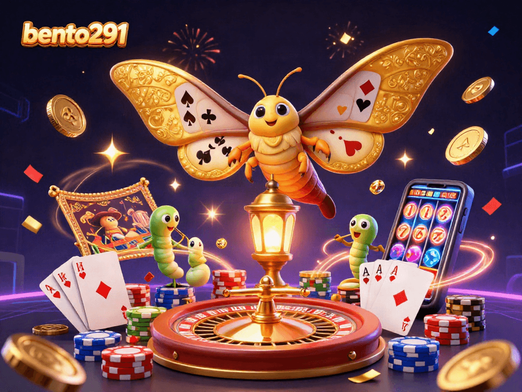 bento291 showcases a vibrant casino scene with a majestic moth and golden gaming elements, creating excitement and opportunities.